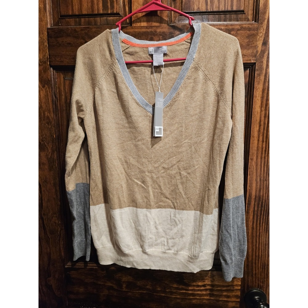 JCP Cashmere Blend Colorblock V-Neck Sweater Tan Grey Cream Large NWT